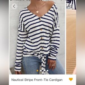 Cupshe Nautical Blue & White Striped Button Front Tie Knit Cardigan EUC